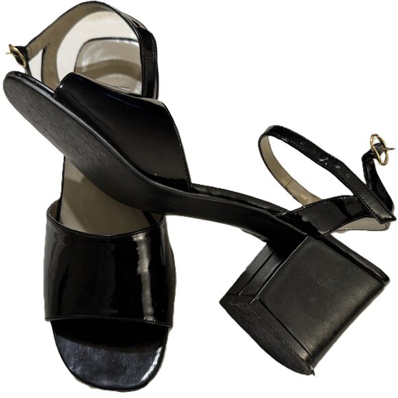 Vintage Mixed Blues Black Patent Leather Low Block Heel Sandals - Picture 5 of 10